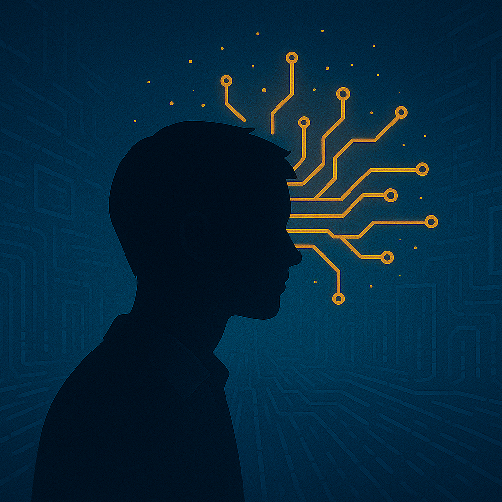 Zijaanzicht van een silhouet met een netwerk van oplichtende oranje circuits die vanuit het hoofd stralen, tegen een achtergrond van digitale lijnen en schermen.
