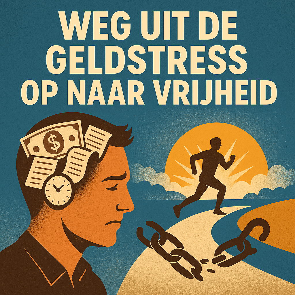 Een man met financiële zorgen in zijn hoofd kijkt somber, terwijl op de achtergrond een figuur wegrent richting de zon en gebroken ketens – symbool voor ontsnapping aan geldstress.