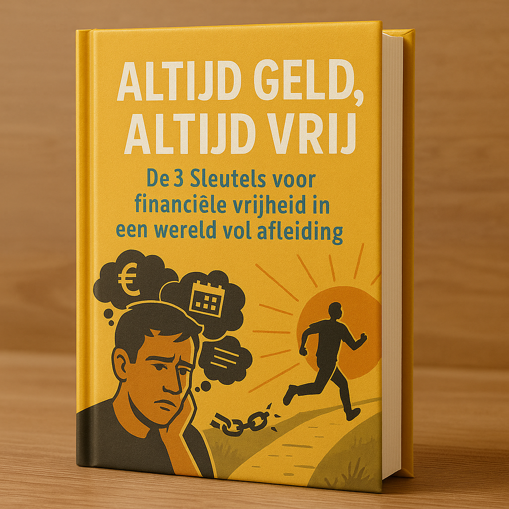 Hardcover boek met de titel ‘Altijd Geld, Altijd Vrij – De 3 Sleutels voor financiële vrijheid in een wereld vol afleiding’. Op de kaft een illustratie van een man met financiële zorgen en een figuur die bevrijd wegrent naar de zon.
