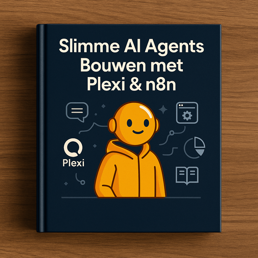 Hardcover boek met de titel “Slimme AI Agents Bouwen met Plexi & n8n”, op een houten tafel. Op de cover staat een vriendelijke oranje AI-agent omringd door digitale iconen en het Plexi-logo, tegen een donkerblauwe achtergrond.