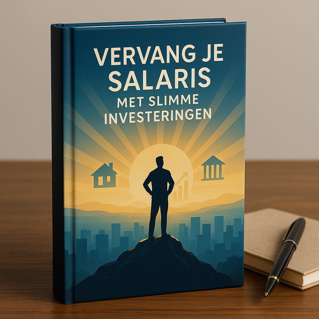 Hardcover boek met titel "Vervang je Salaris met Slimme Investeringen" op een houten tafel, met een silhouet op een bergtop en zonnestralen die financiële iconen onthullen.