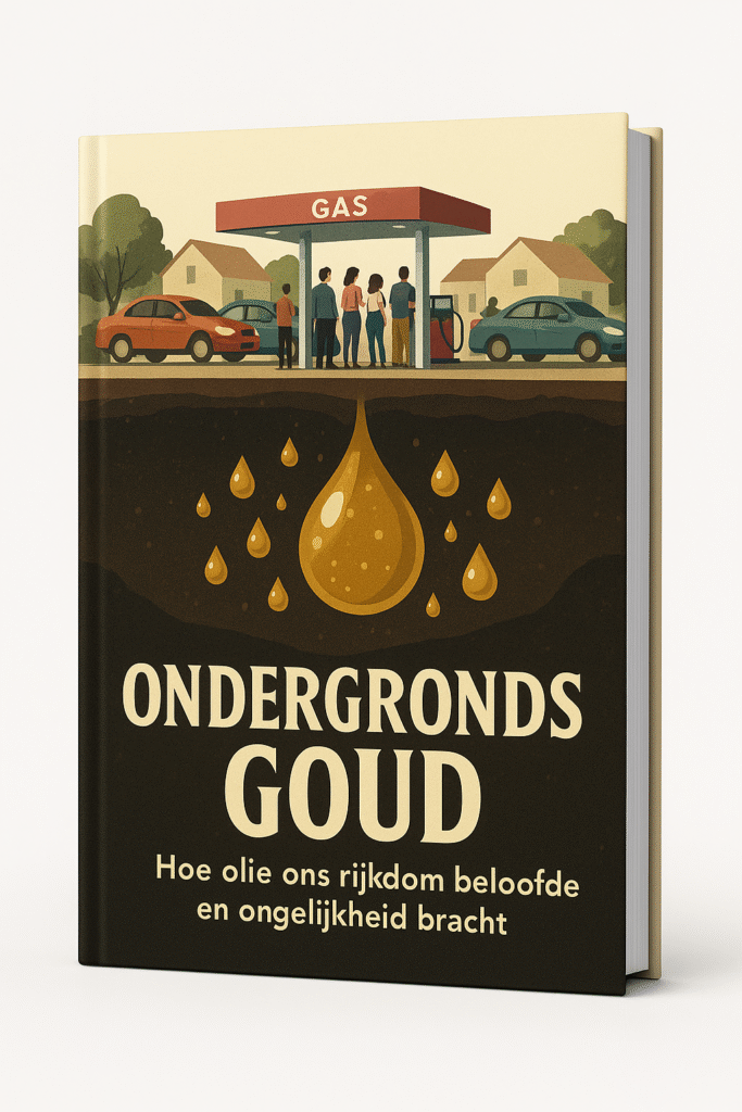 Mockup van het e-book Ondergronds Goud als hardcover, met een doorsnede van een tankstation boven een ondergrondse olievoorraad.