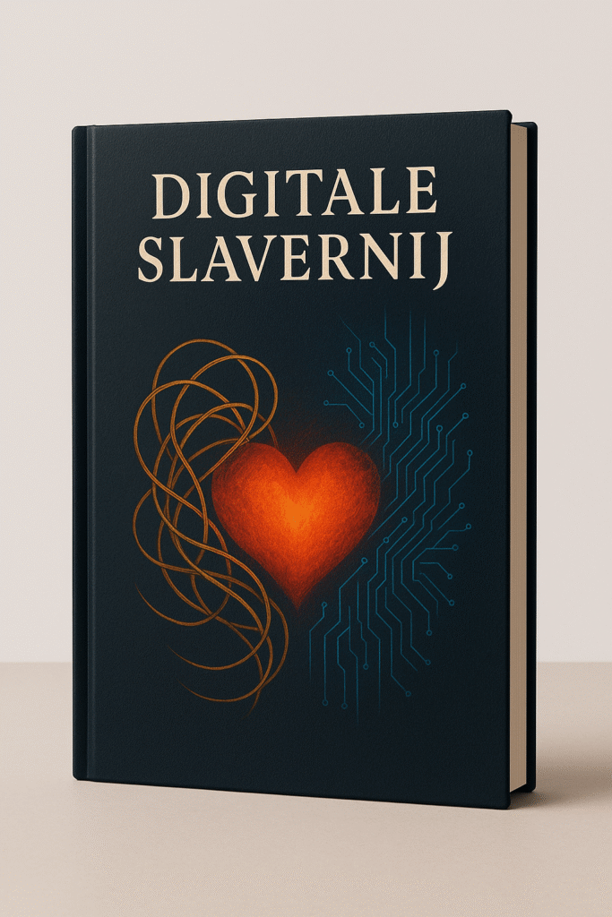 Hardcover boek met de titel "Digitale Slavernij", met een visueel ontwerp van een gloeiend hart verstrengeld tussen organische draden en digitale circuits op een donkerblauwe achtergrond.