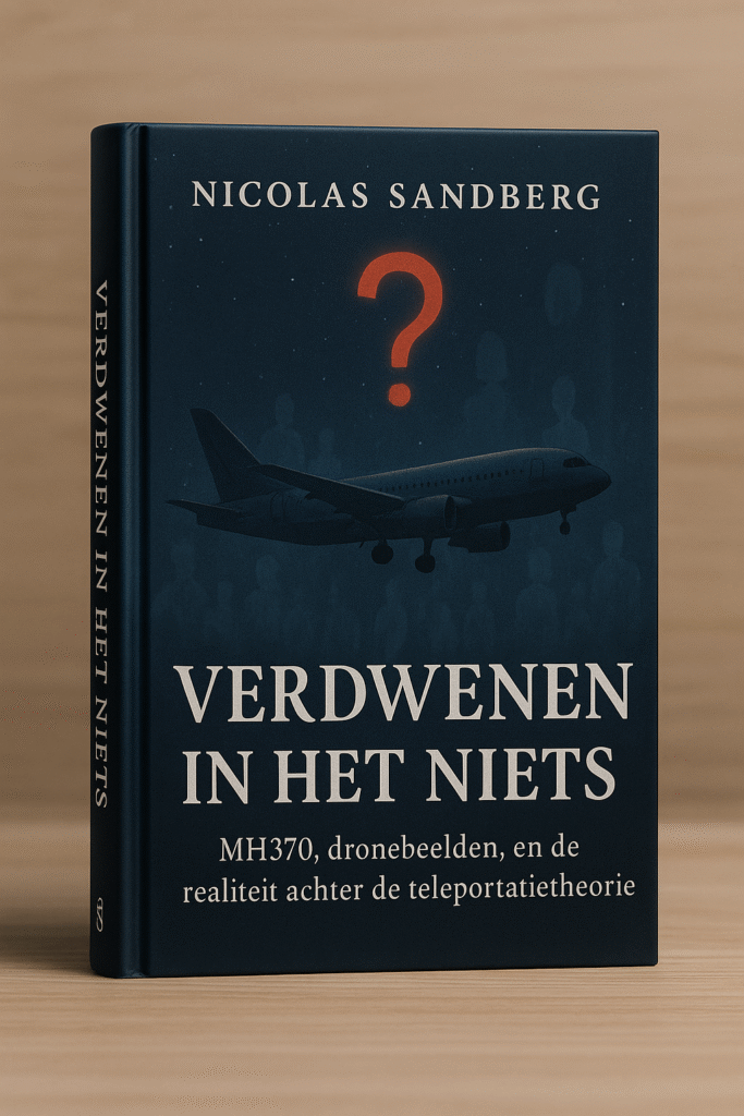 Hardcoverboek met de titel "Verdwenen in het Niets", een silhouet van een vliegtuig tegen een donkere lucht met mistige wolken, ondertitel: “De mysterieuze verdwijning van vlucht MH370 – onthuld vanuit een nieuw perspectief”.