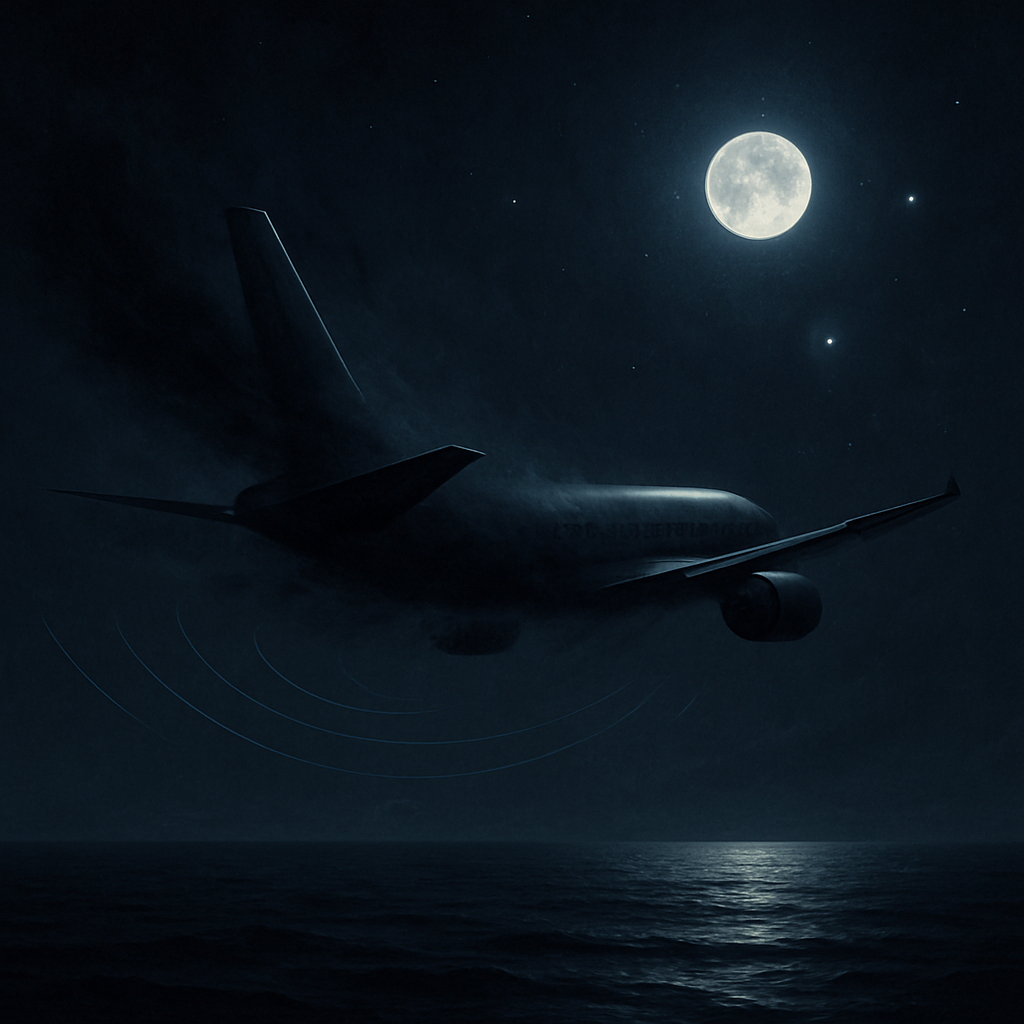 Vliegtuig dat in de nacht boven een donkere oceaan verdwijnt onder een heldere maan