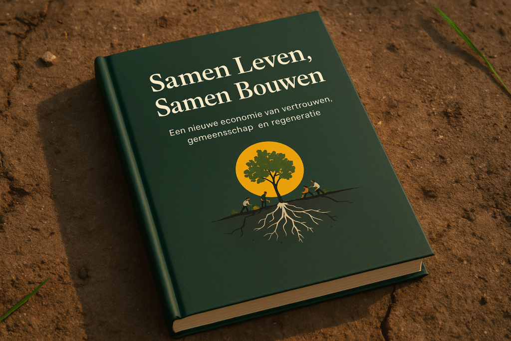 Hardcoverboek met donkergroene kaft, getiteld “Samen Leven, Samen Bouwen”, met daaronder de ondertitel “Een nieuwe economie van vertrouwen, gemeenschap en regeneratie”. Op de cover staat een illustratie van een boom met witte wortels, omringd door mensen die samenwerken op een gebarsten ondergrond.