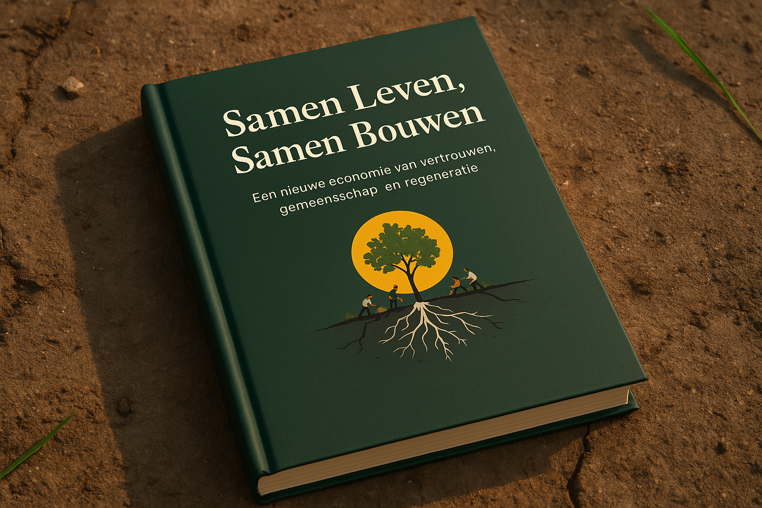 Hardcoverboek met donkergroene kaft, getiteld “Samen Leven, Samen Bouwen”, met daaronder de ondertitel “Een nieuwe economie van vertrouwen, gemeenschap en regeneratie”. Op de cover staat een illustratie van een boom met witte wortels, omringd door mensen die samenwerken op een gebarsten ondergrond.