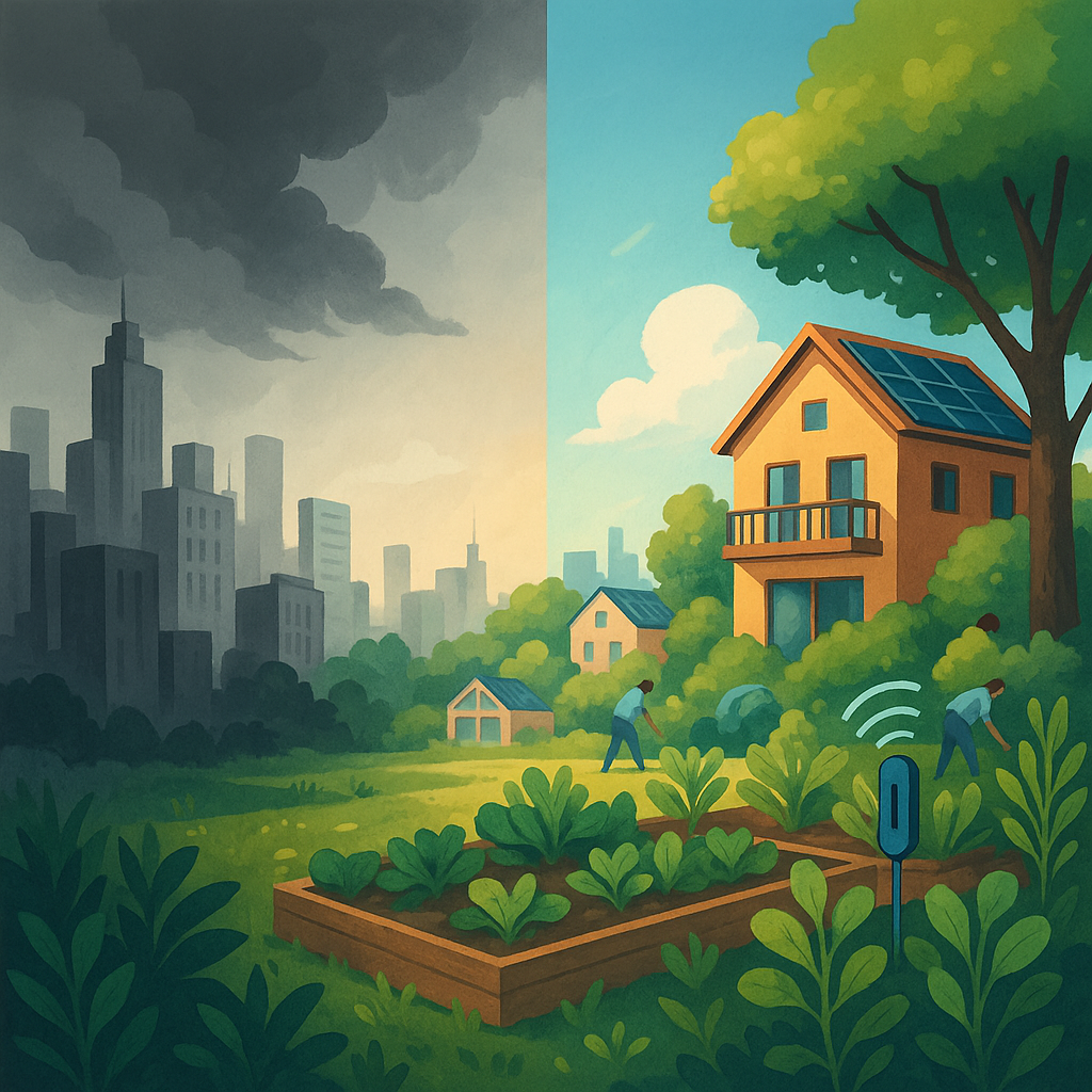 Illustratie van een stad die overgaat van een grijs, industrieel landschap naar een kleurrijke, groene gemeenschap met stadstuin en zonne-energie