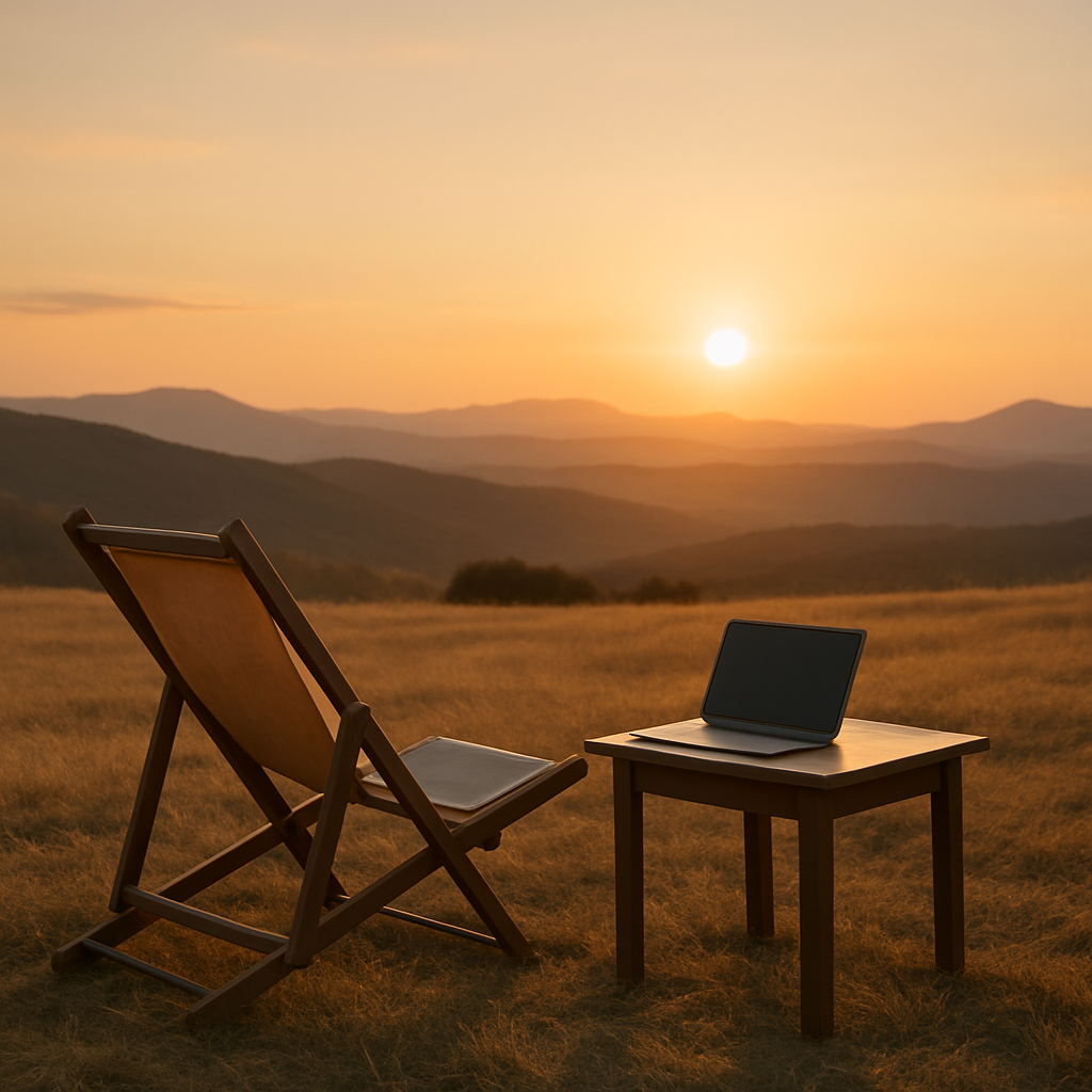 Lege houten ligstoel en tafel met laptop in een open veld tijdens zonsondergang, met uitzicht op heuvelachtig landschap