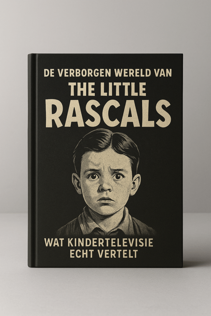 Hardcover boek met de titel “De Verborgen Wereld van The Little Rascals – Wat Kindertelevisie Echt Vertelt”, zwart met crèmekleurige tekst en een vintage illustratie van een bezorgde jongen op de cover.