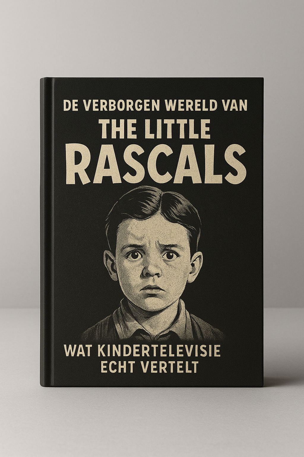 Hardcover boek met de titel “De Verborgen Wereld van The Little Rascals – Wat Kindertelevisie Echt Vertelt”, zwart met crèmekleurige tekst en een vintage illustratie van een bezorgde jongen op de cover.