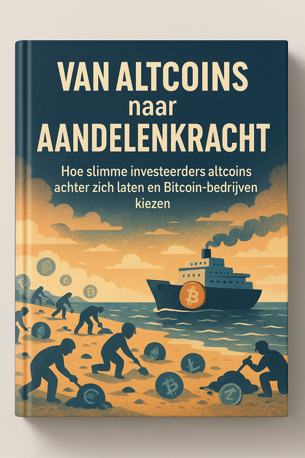 Illustratie van een boekcover met de titel “Van Altcoins naar Aandelenkracht”, waarop mensen altcoins opgraven op het strand terwijl een schip met een Bitcoin-logo wegvaart richting de horizon, onder een vintage gekleurde hemel.