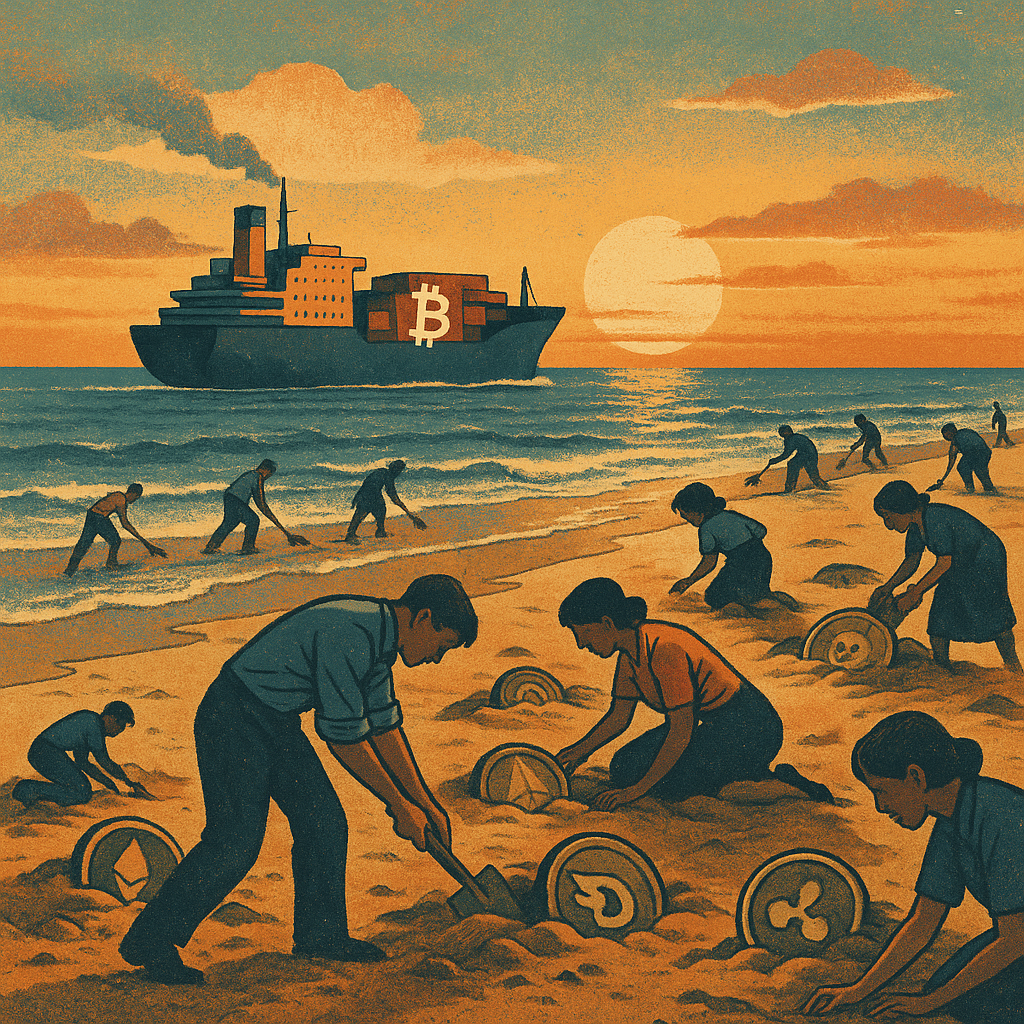 Illustratie van mensen die altcoins opgraven op een strand bij zonsondergang, terwijl een vrachtschip met een Bitcoin-logo rustig wegvaart richting de horizon.