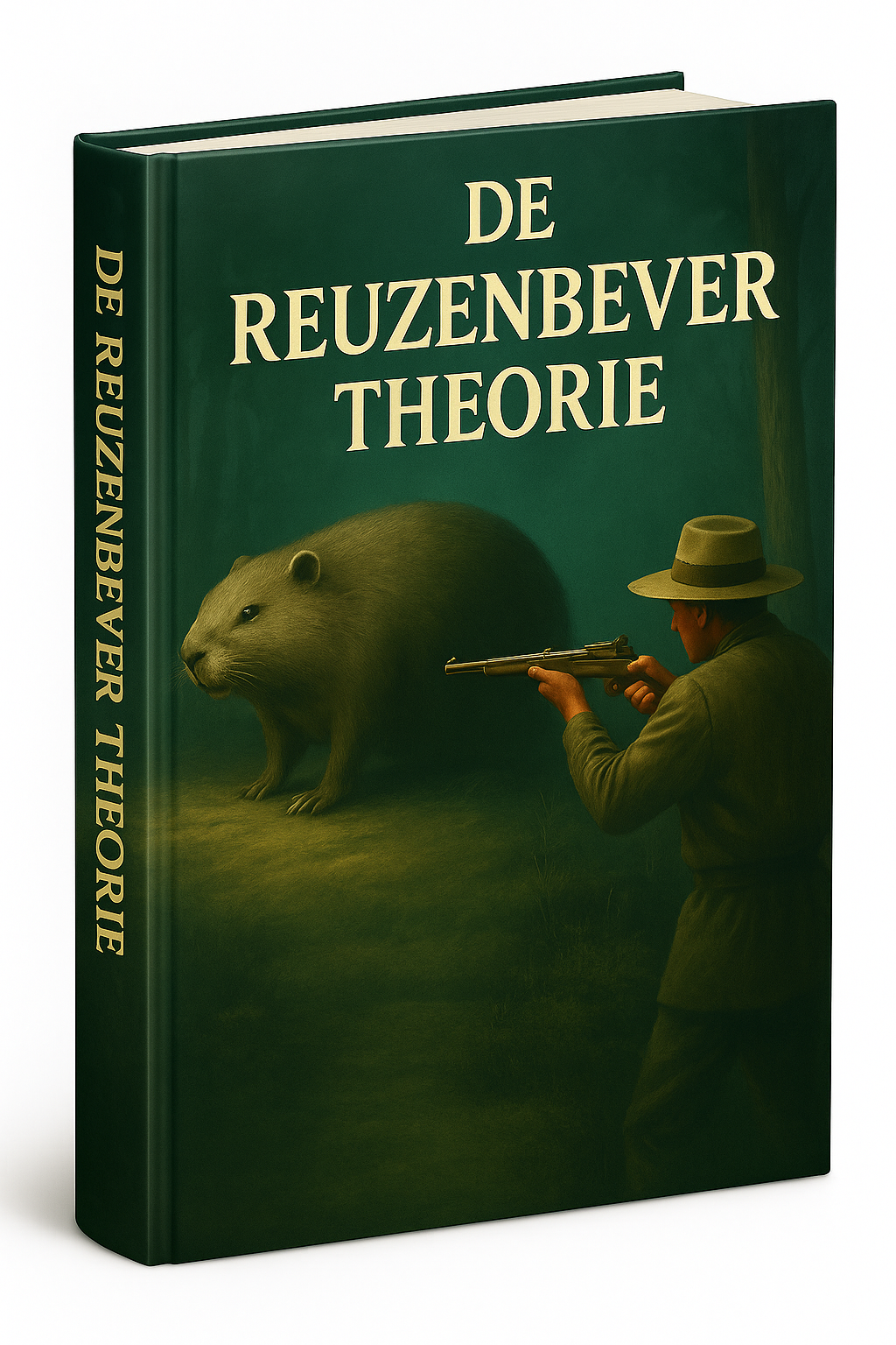 Illustratie van een jager die met een geweer oog-in-oog staat met een gigantische bever in een maanverlicht bos. De titel "De Reuzenbever Theorie" staat bovenaan in grote, duidelijke letters.