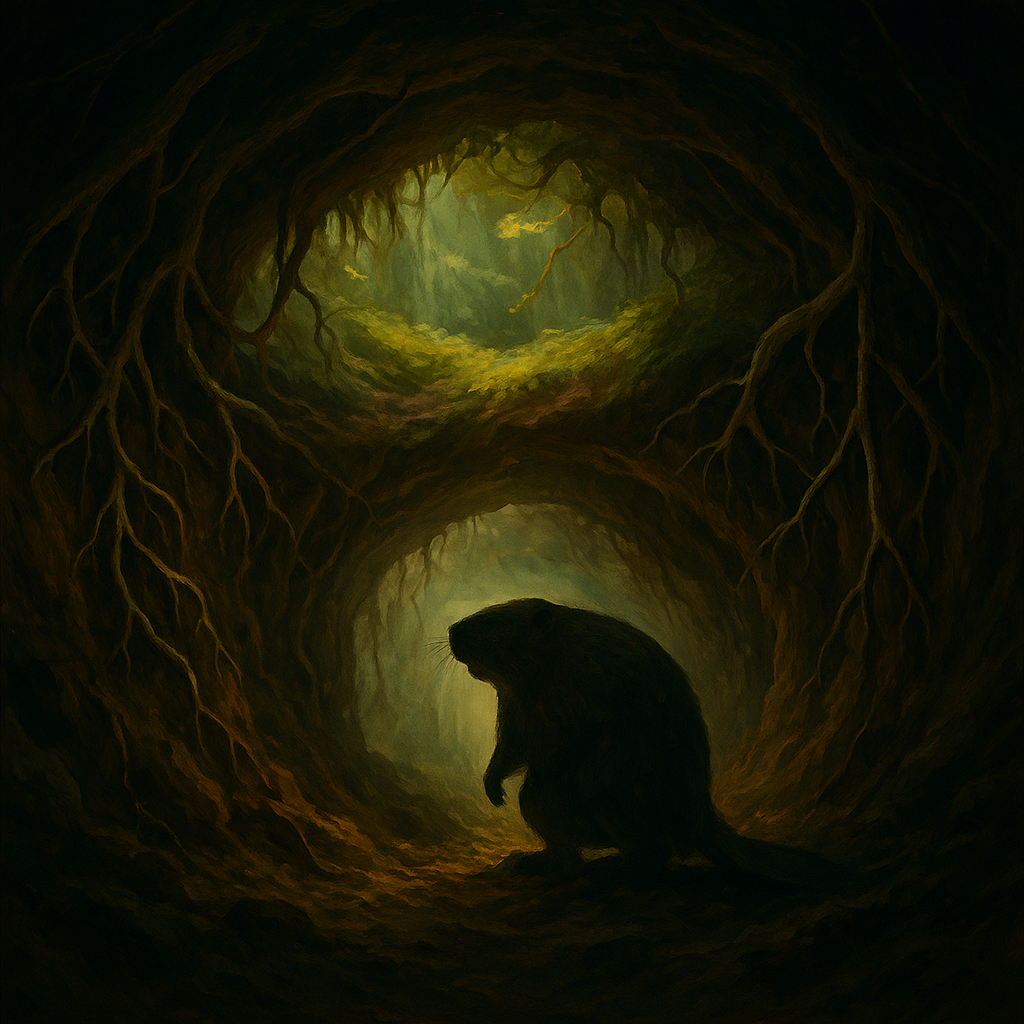 Silhouet van een reuzenbever in een ondergrondse tunnel, omgeven door wortels en gedempt licht