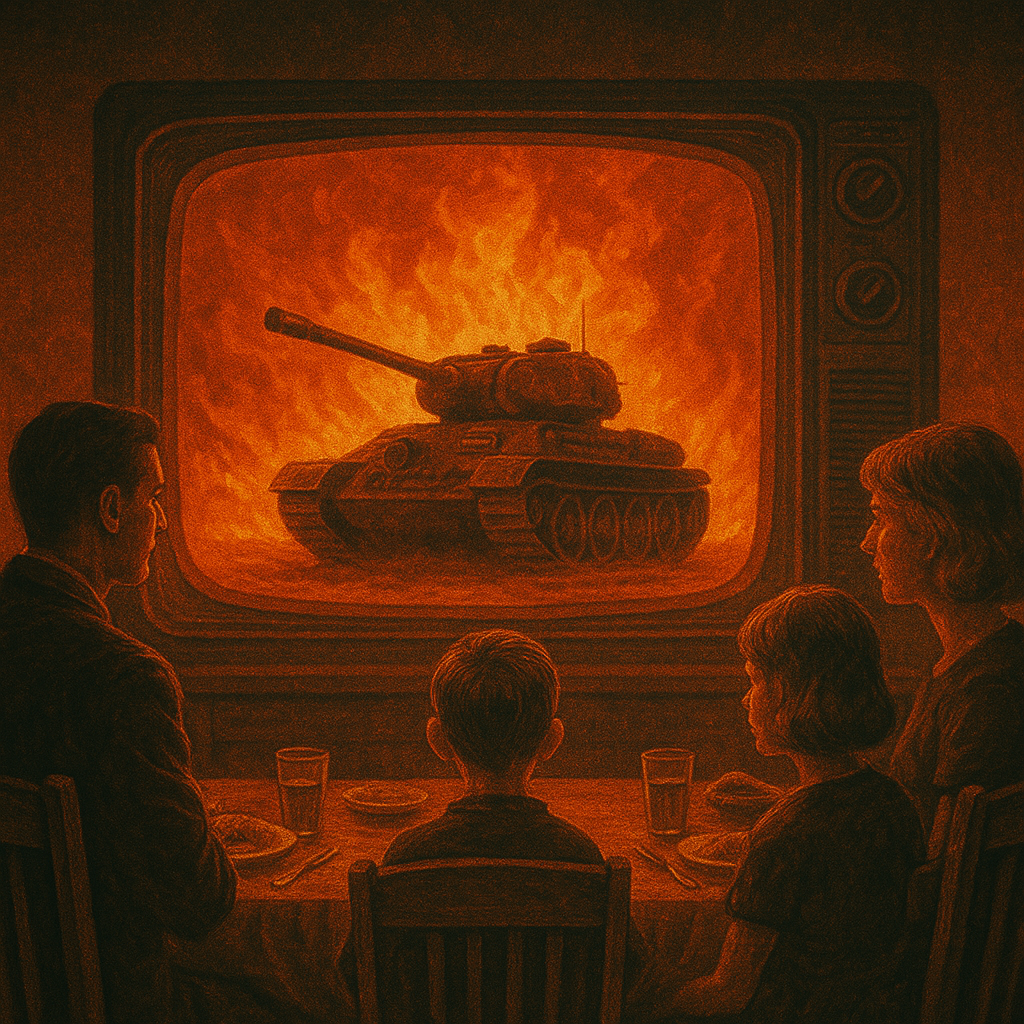 Familie zit aan tafel terwijl een tank in vlammen op tv verschijnt